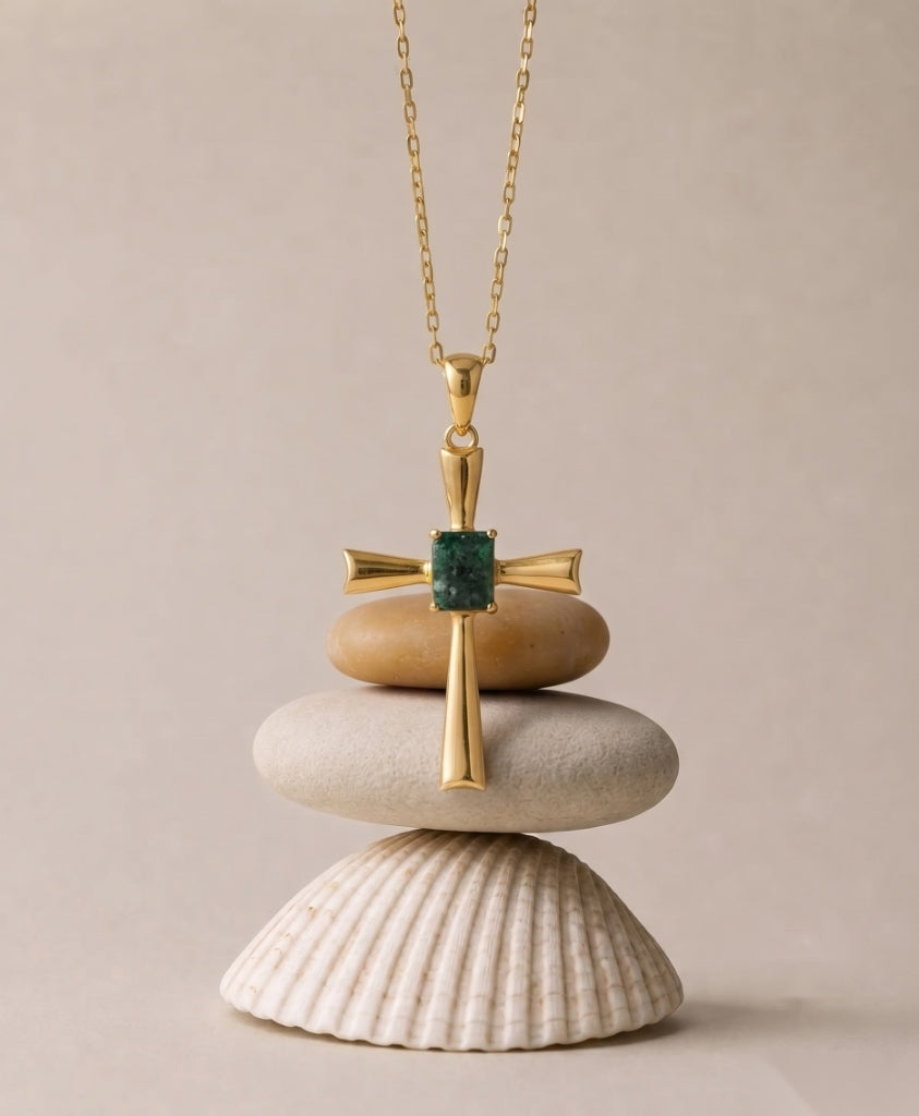 Octagon Emerald Cross Pendant, Gold Vermeil Silver - view 3