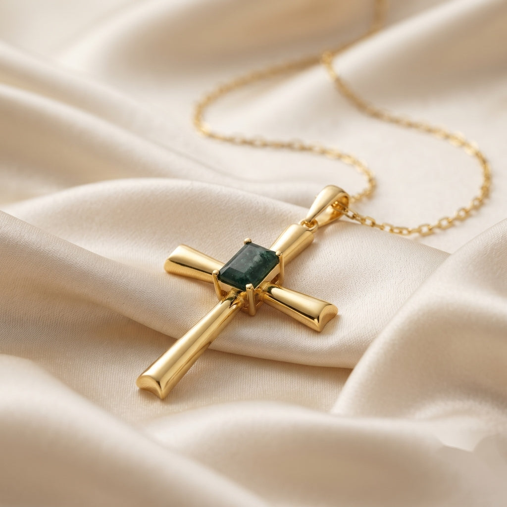 Octagon Emerald Cross Pendant, Gold Vermeil Silver - view 2