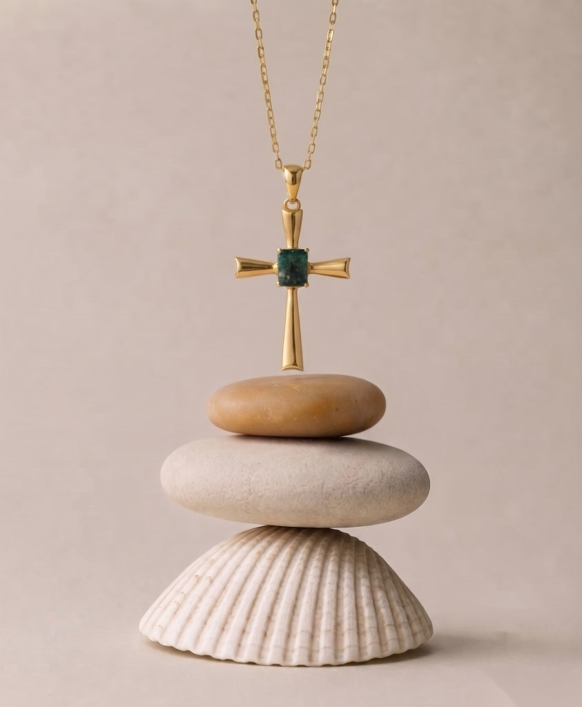 Octagon Emerald Cross Pendant, Gold Vermeil Silver - view 4