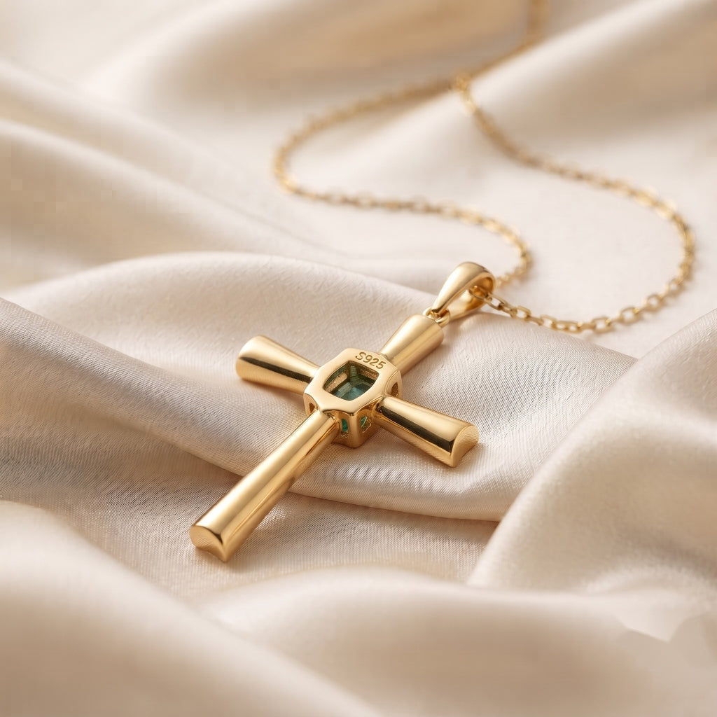 Octagon Emerald Cross Pendant, Gold Vermeil Silver - view 8