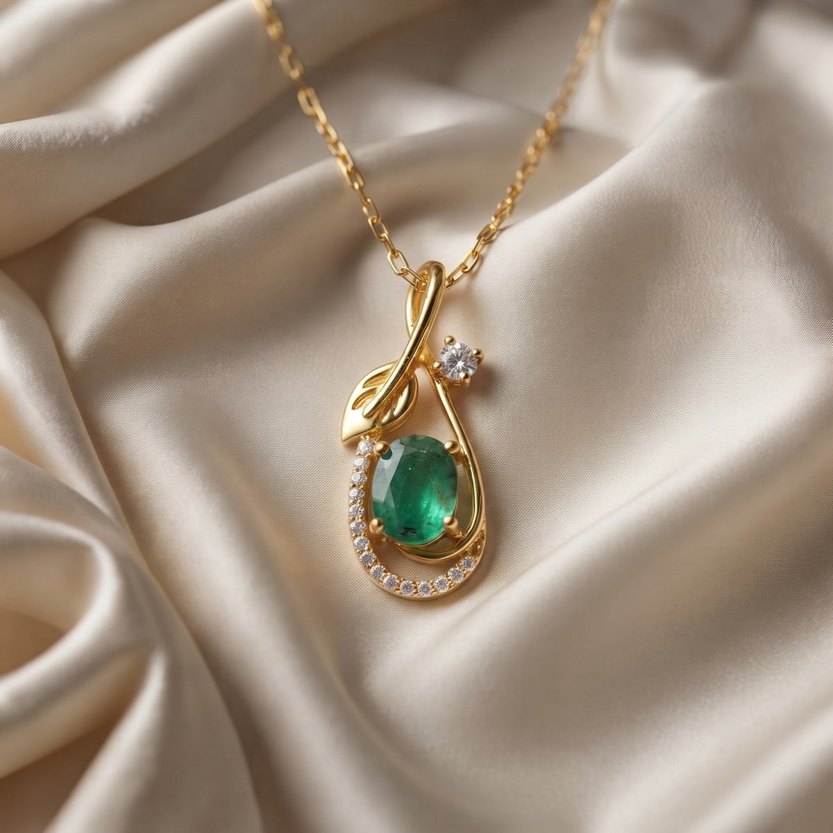 Emerald & CZ Leaf Teardrop Pendant, Gold Vermeil - view 2