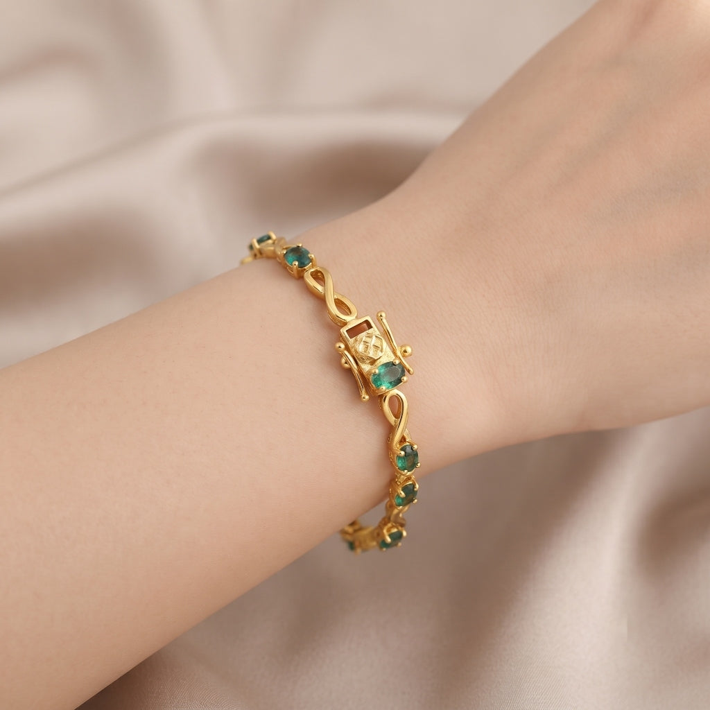 Natural emerald bracelet for women with oval green emeralds, 925 sterling silver, 18K gold vermeil, infinity link design.