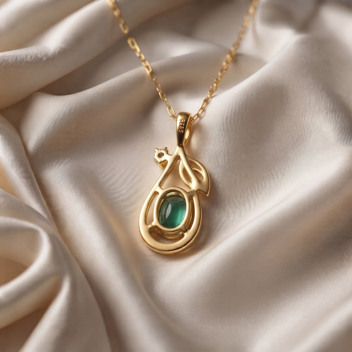 Emerald & CZ Leaf Teardrop Pendant, Gold Vermeil - view 10