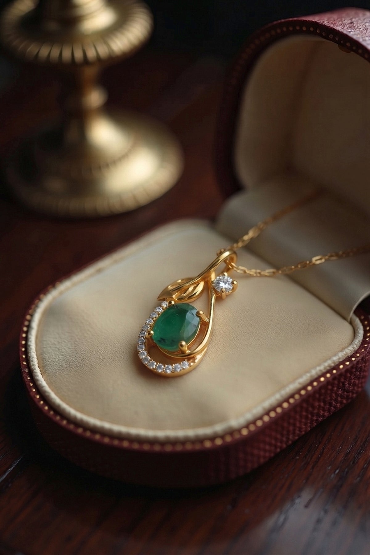 Emerald & CZ Leaf Teardrop Pendant, Gold Vermeil - view 6