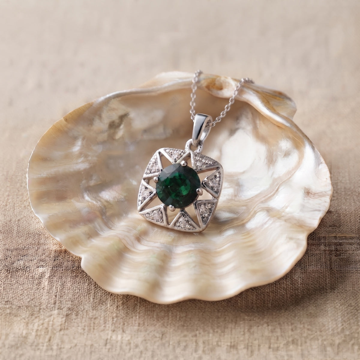 Emerald & CZ Star Halo Pendant, 925 Silver - view 1