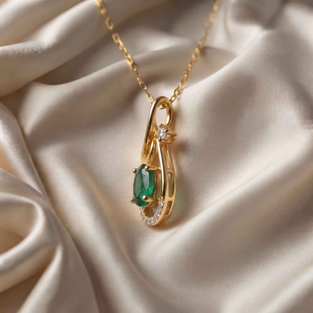 Emerald & CZ Leaf Teardrop Pendant, Gold Vermeil - view 7