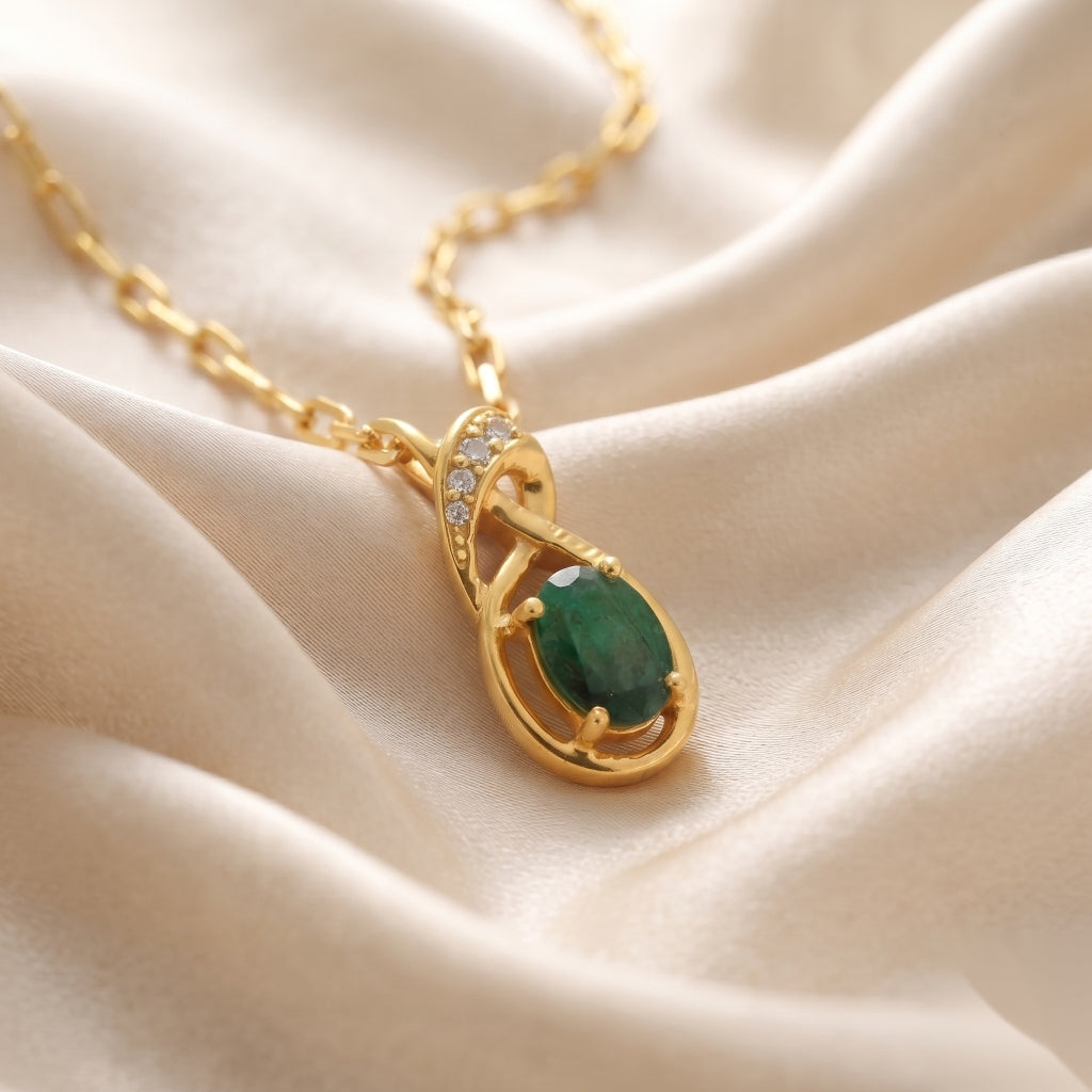 Natural emerald CZ infinity pendant by Ganpati, gold vermeil 925 silver with oval green gemstone, elegant twist necklace jewelry.