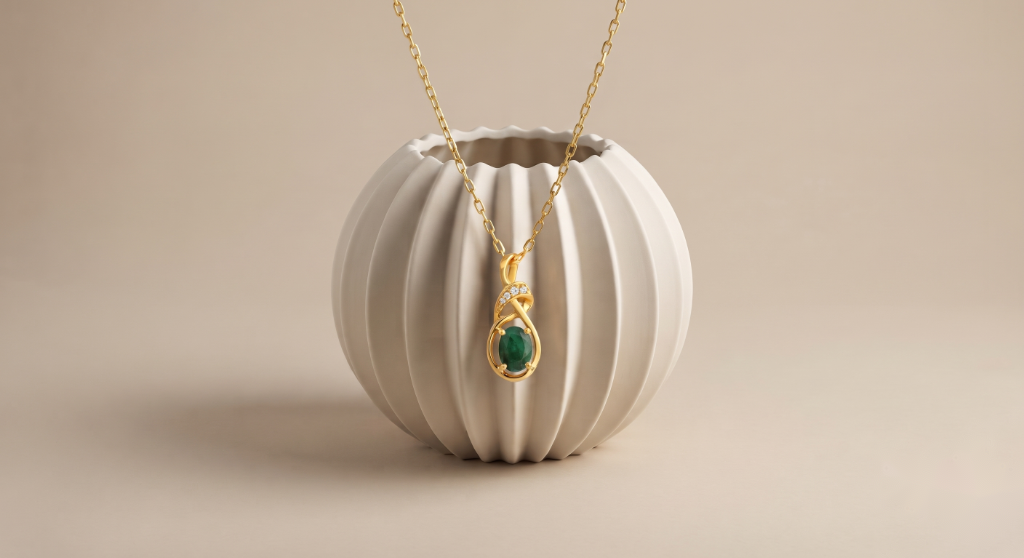 Ganpati natural emerald CZ infinity pendant with oval green gemstone on gold vermeil 925 silver chain, elegant gemstone jewelry for women