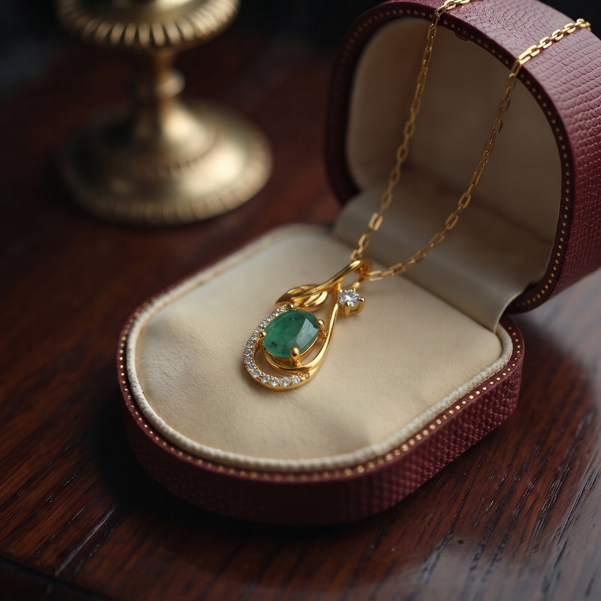 Emerald & CZ Leaf Teardrop Pendant, Gold Vermeil - view 4