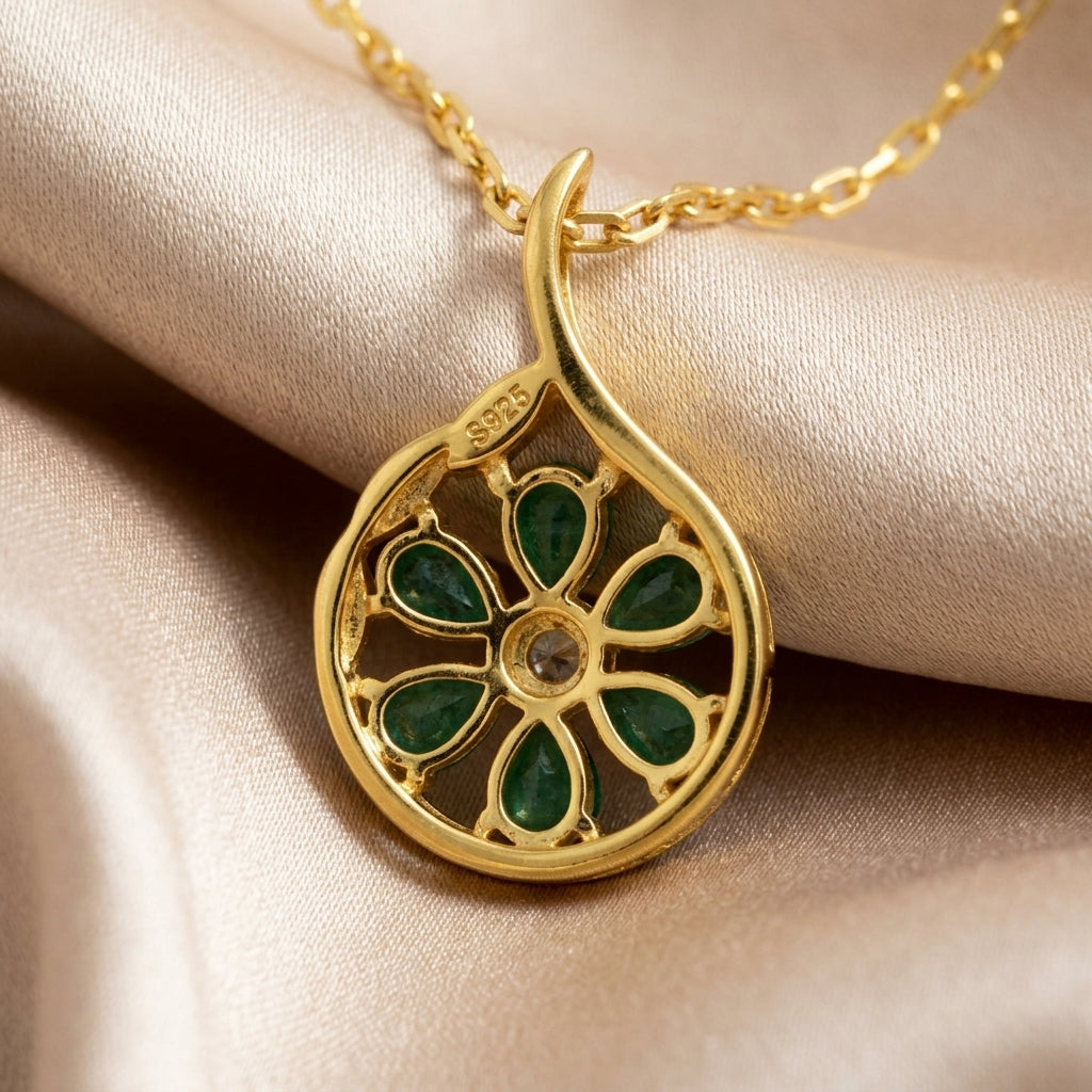 Pear Emerald Floral Pendant, Gold Vermeil Silver - view 7