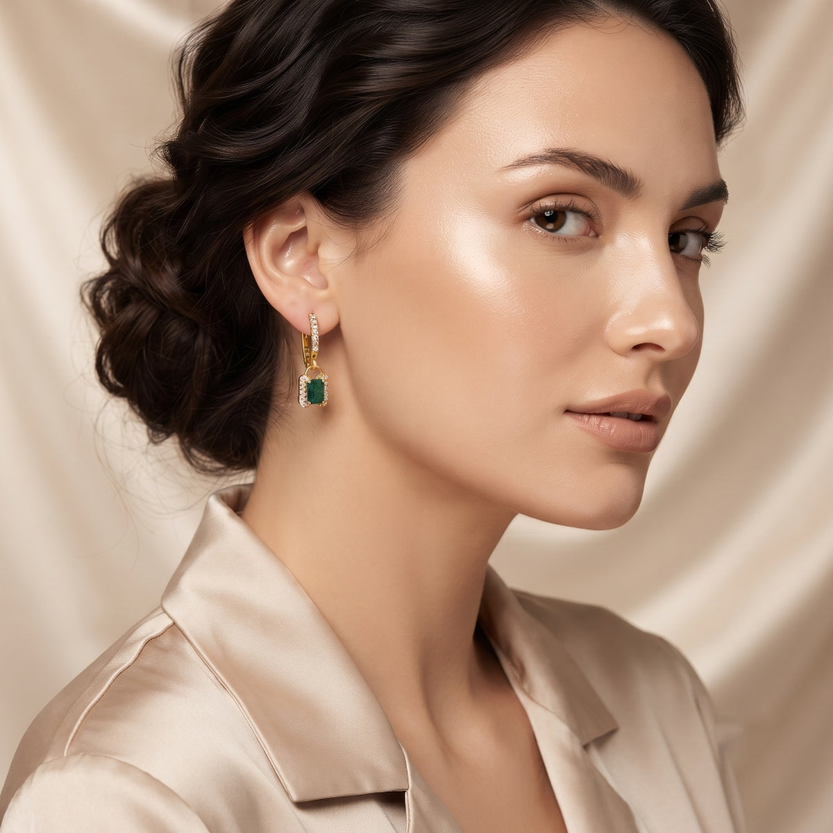 Gold vermeil emerald CZ charm drop earrings with octagon halo and leverback dangle design, crafted with 925 silver for women.