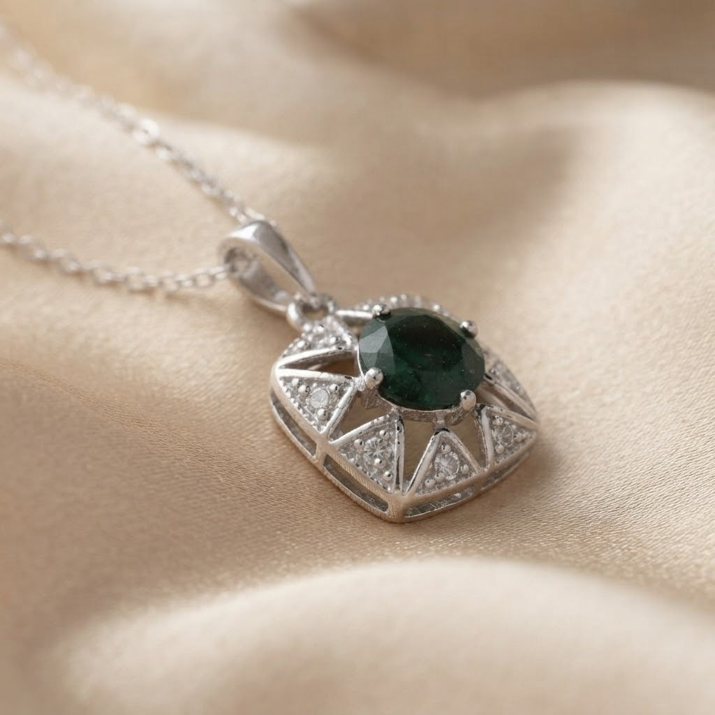 Emerald & CZ Star Halo Pendant, 925 Silver - view 5