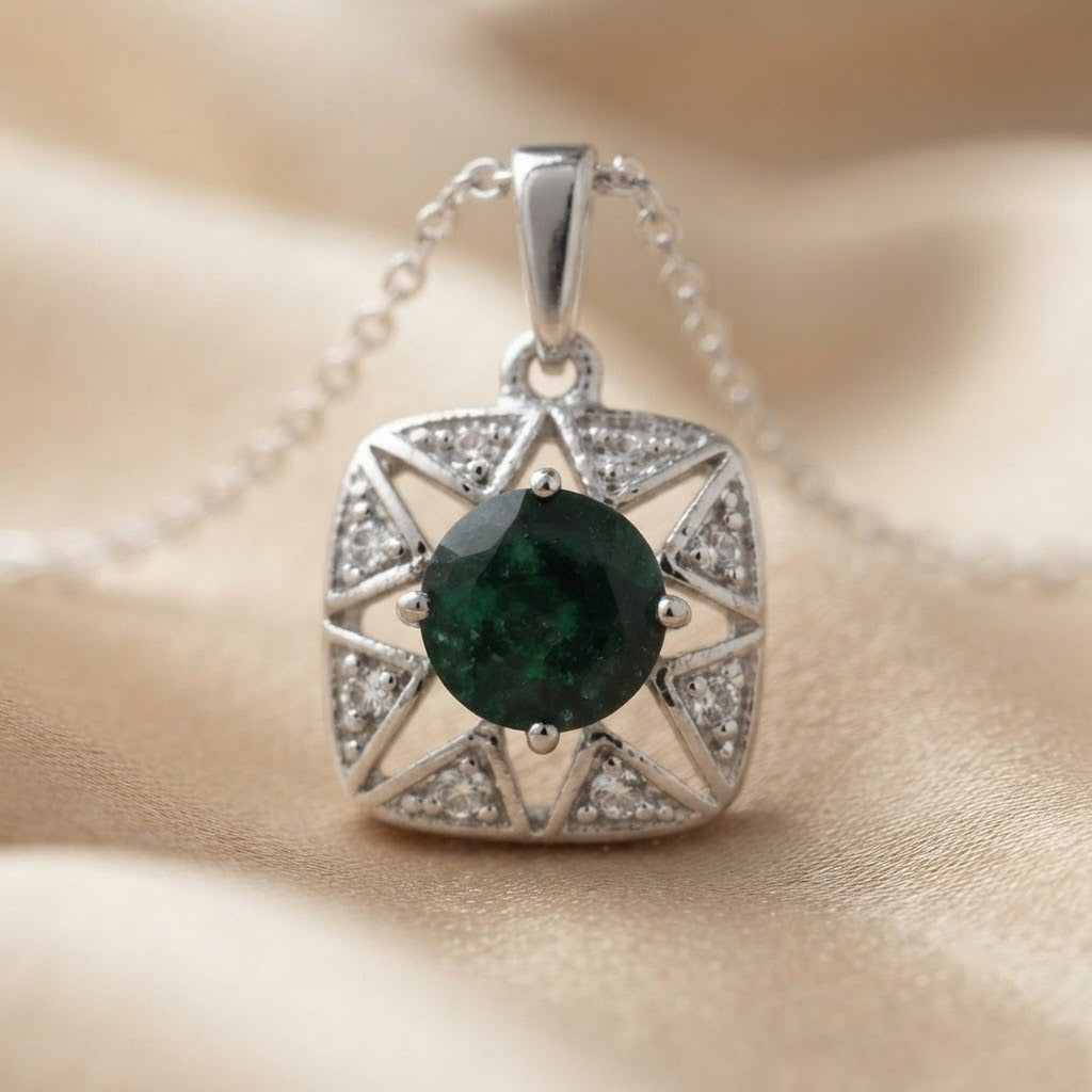 Emerald & CZ Star Halo Pendant, 925 Silver - view 4