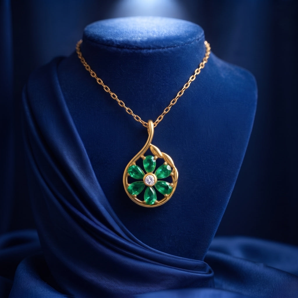 Pear Emerald Floral Pendant, Gold Vermeil Silver - view 2