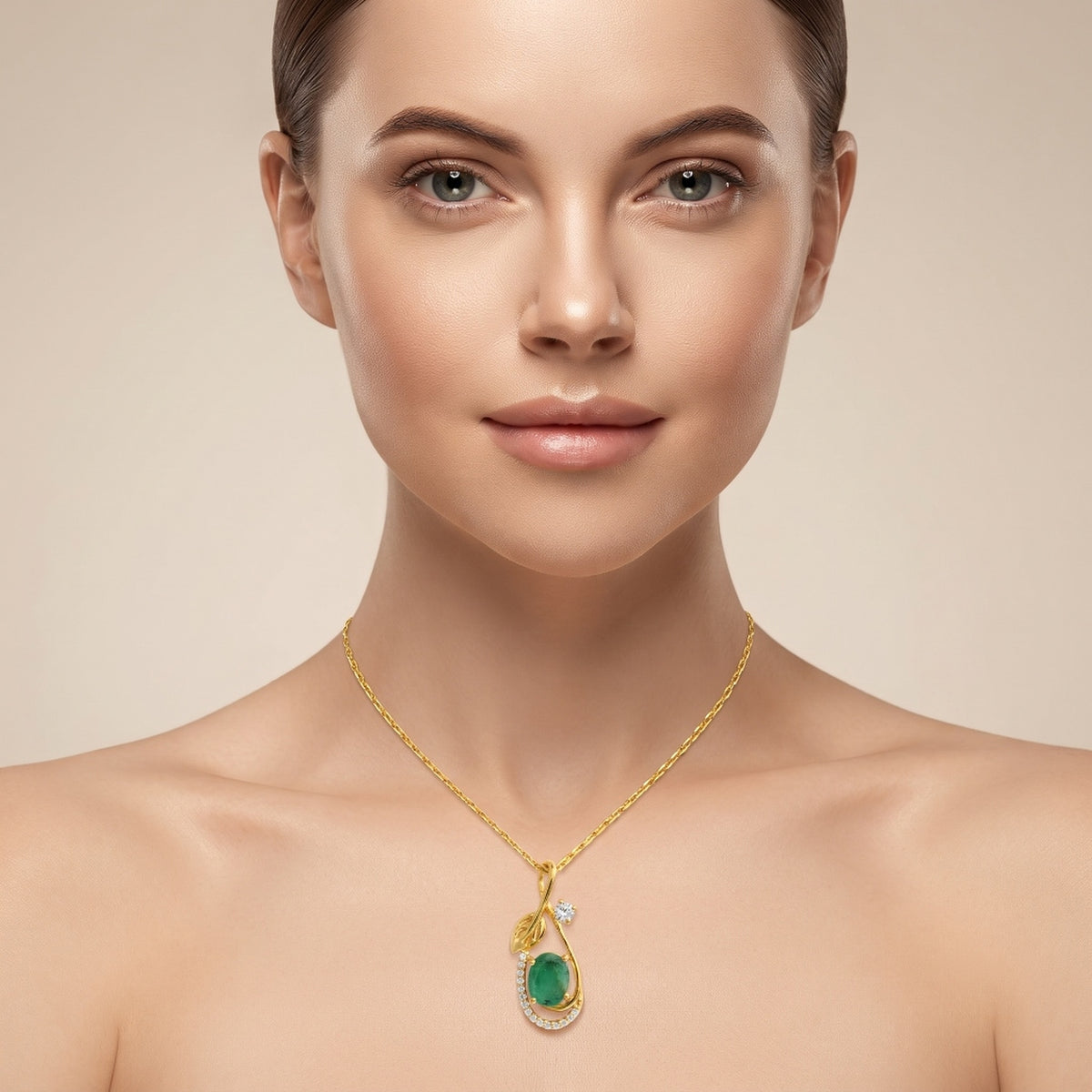 Emerald & CZ Leaf Teardrop Pendant, Gold Vermeil - view 3