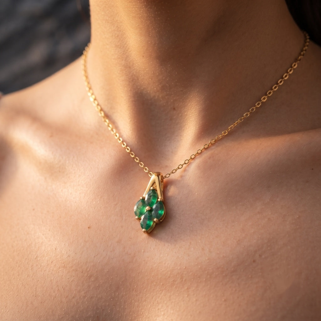 Natural Emerald Cluster Pendant, Gold Vermeil Silver - view 1