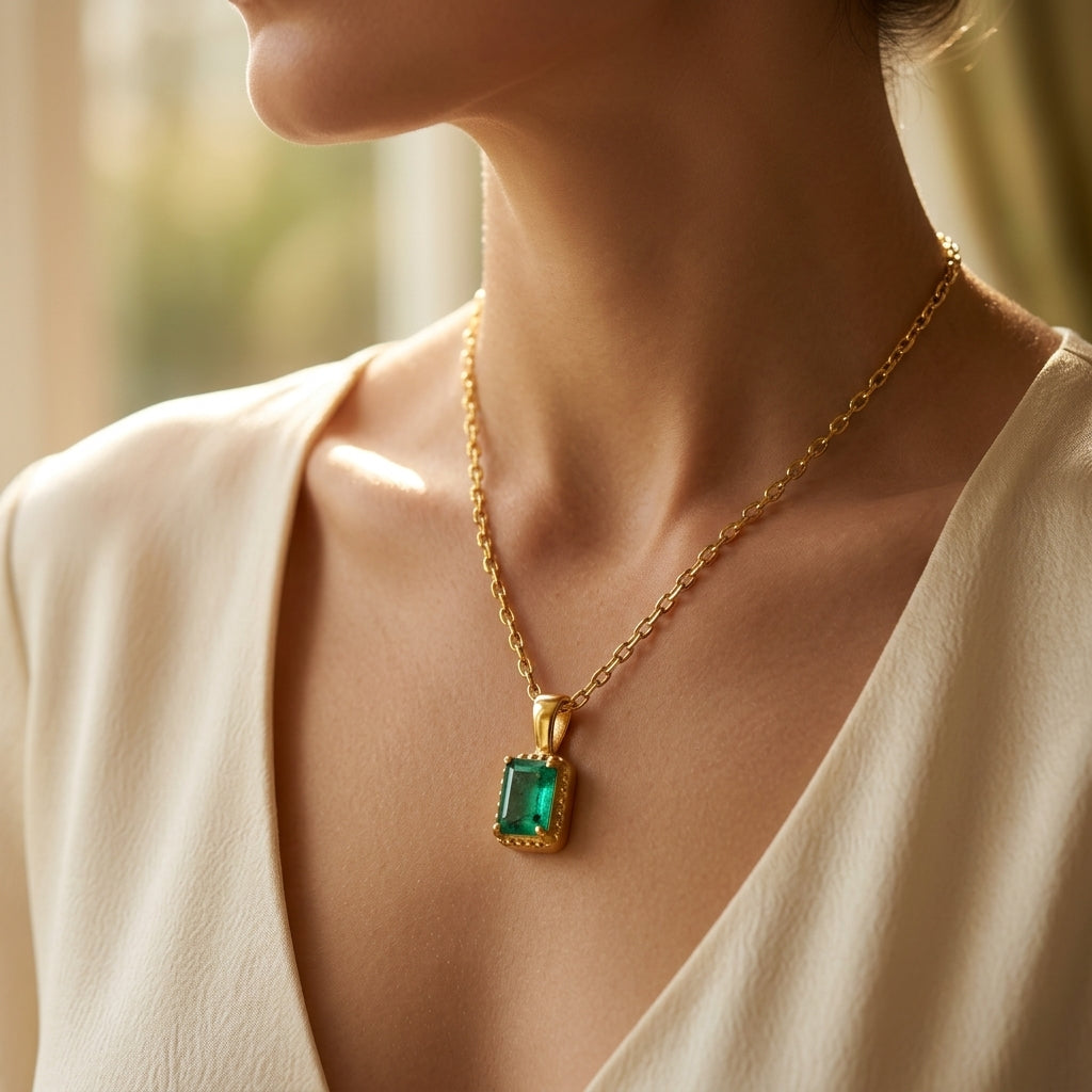 Model wearing Ganpati natural emerald pendant with gold vermeil and 925 silver, octagon cut green gemstone necklace for women.