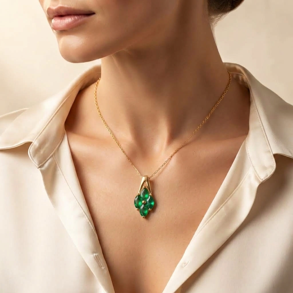 Natural Emerald Cluster Pendant, Gold Vermeil Silver - view 2