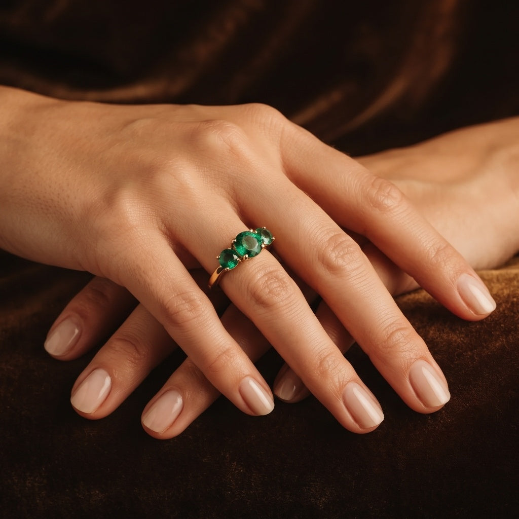 Model wearing Ganpati natural emerald trilogy ring with gold vermeil and 925 silver, featuring three round green gemstones.