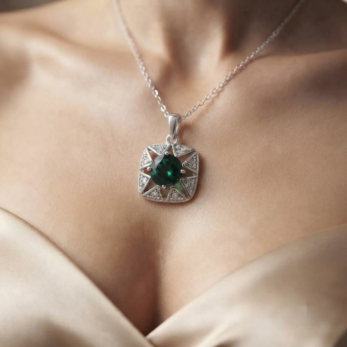 Emerald & CZ Star Halo Pendant, 925 Silver - view 3
