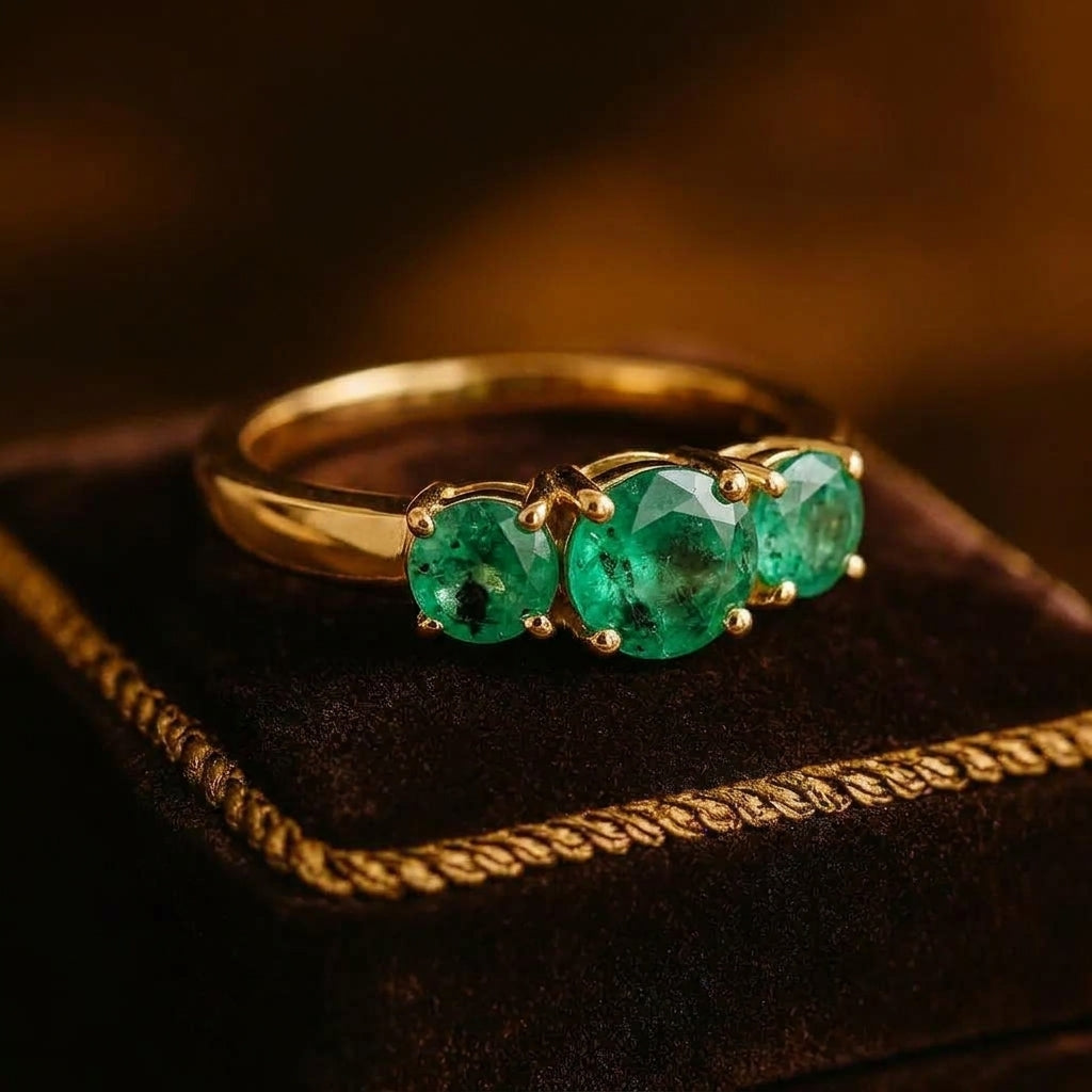 Ganpati natural emerald trilogy ring with gold vermeil and 925 silver, featuring three round green gemstones on a vintage velvet box.