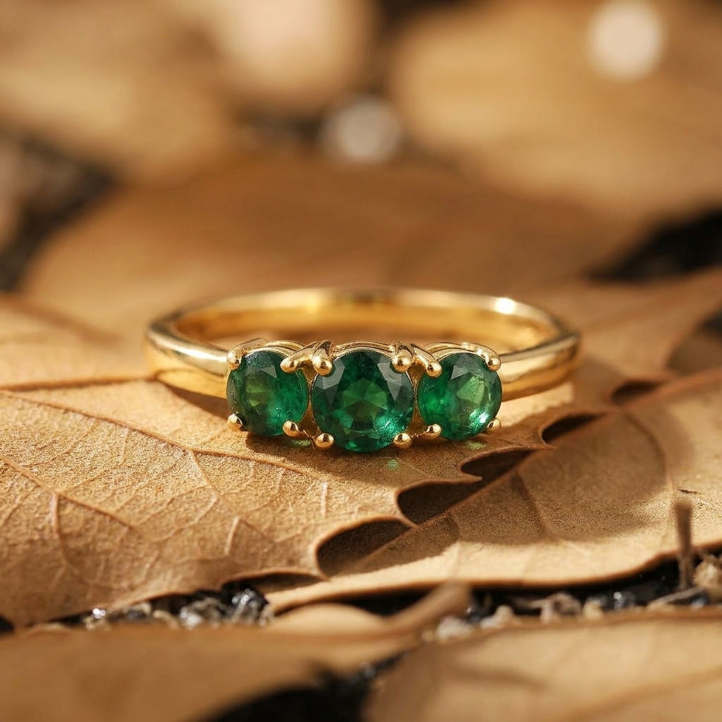Ganpati natural emerald trilogy ring with gold vermeil and 925 silver, featuring three round green gemstones on a leaf-inspired background.